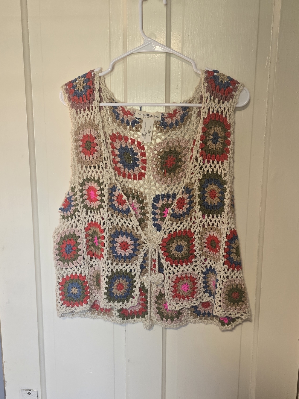 Natural Life Crochet Granny Square Tie-Front Vest - Neutral, Multicolor Accents